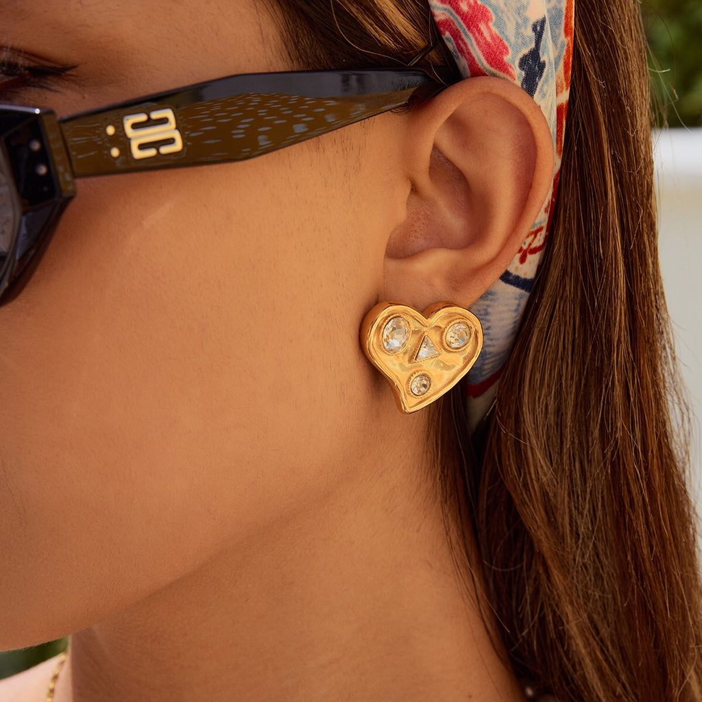 18K Gold Bold Heart CZ Statement Stud Earrings