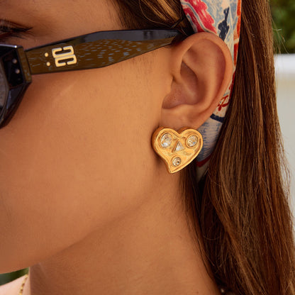 18K Gold Bold Heart CZ Statement Stud Earrings