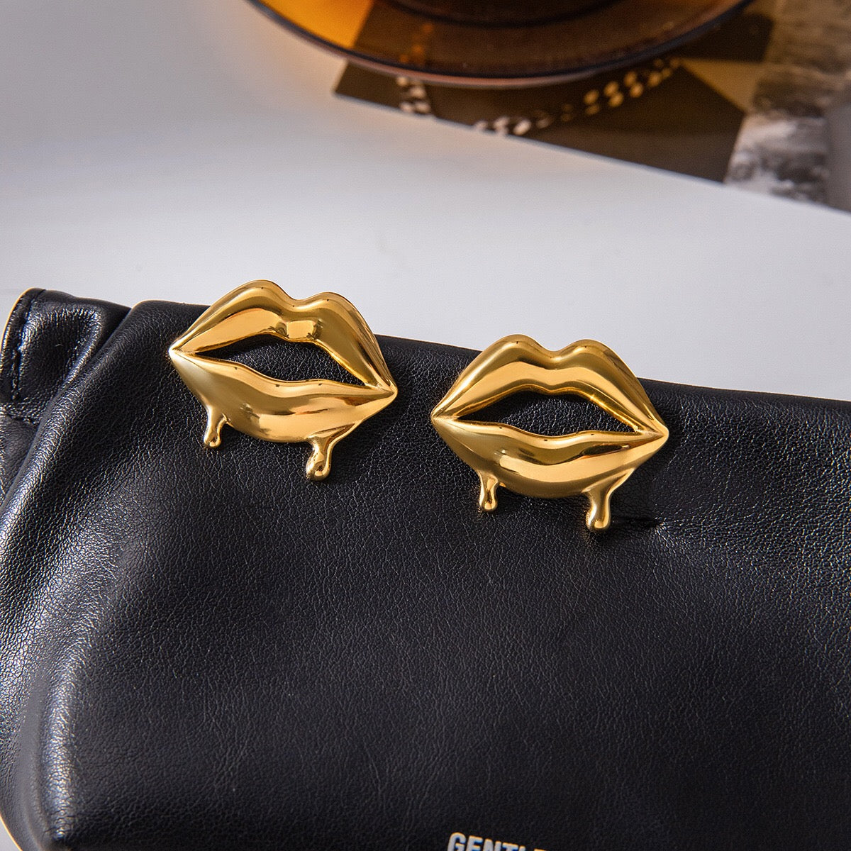 18K Gold Golden Drip Cherry Lips Star Statement Stud Earrings