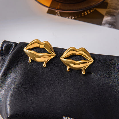 18K Gold Golden Drip Cherry Lips Star Statement Stud Earrings