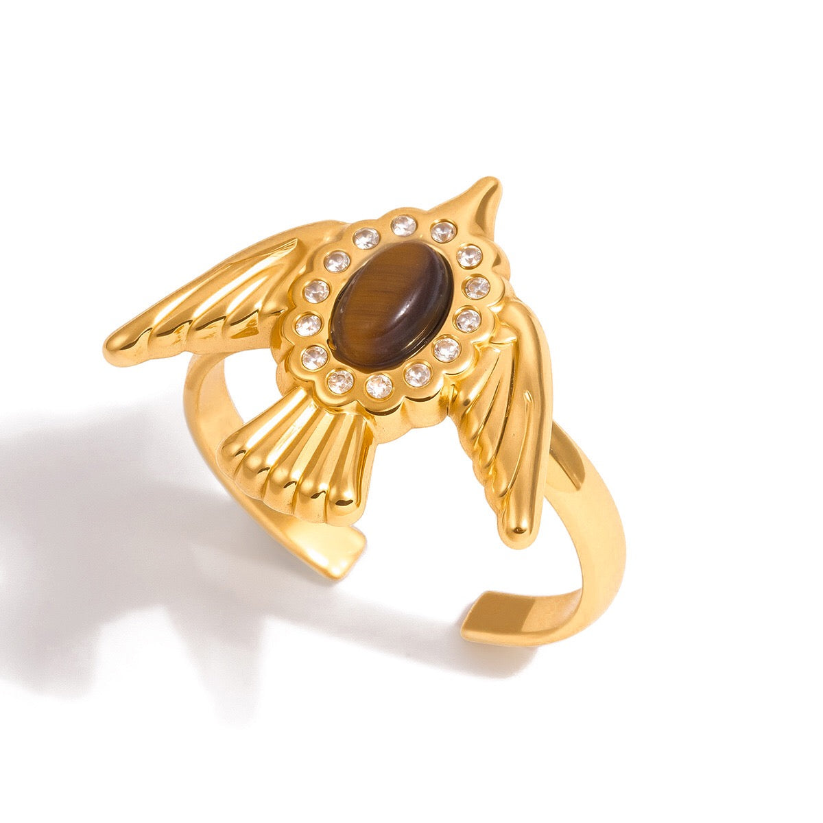 18K Gold Free Spirit Tiger Eye Bird Ring
