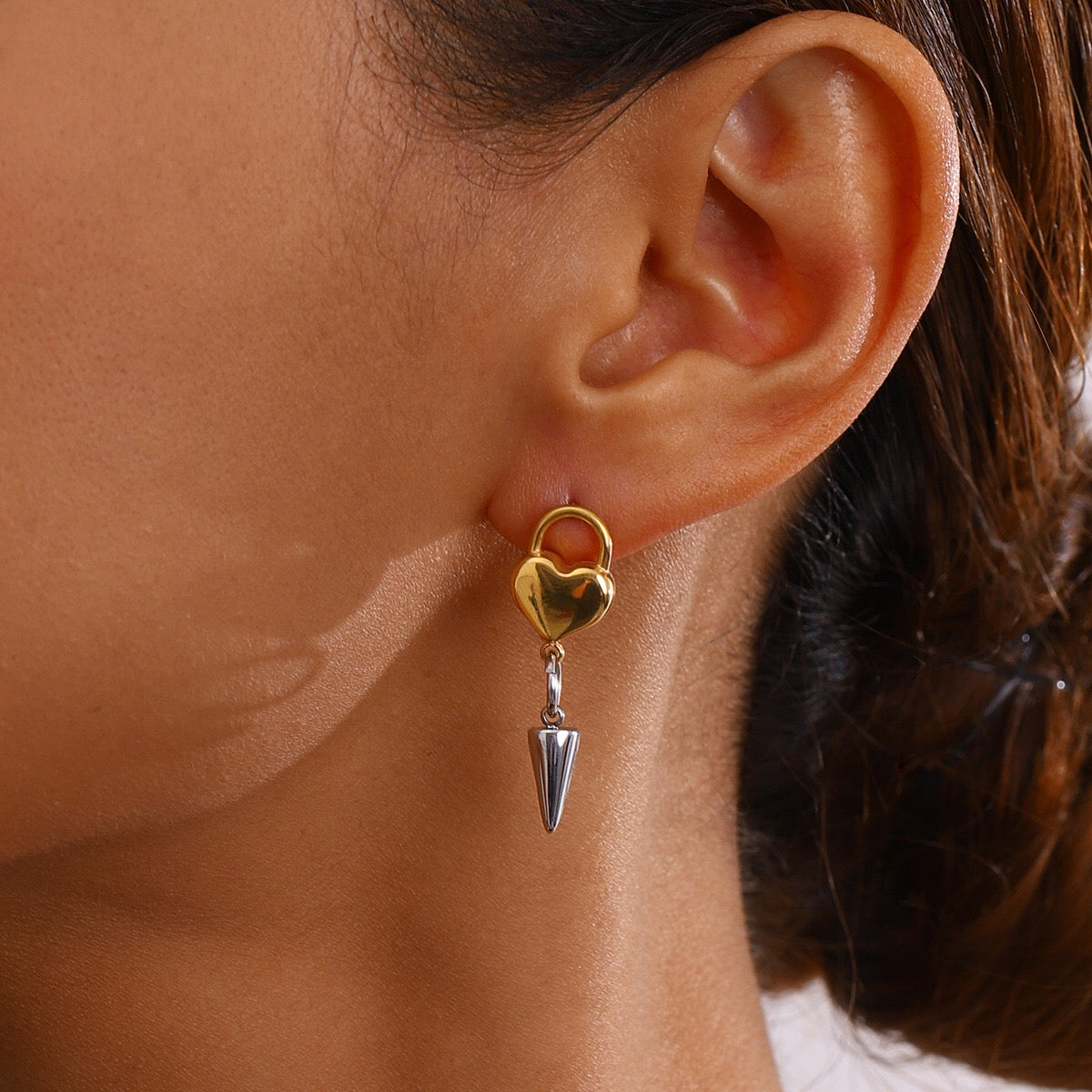 18K Gold and Silver Two Tone Love Lock Statement Stud Dangle Earrings