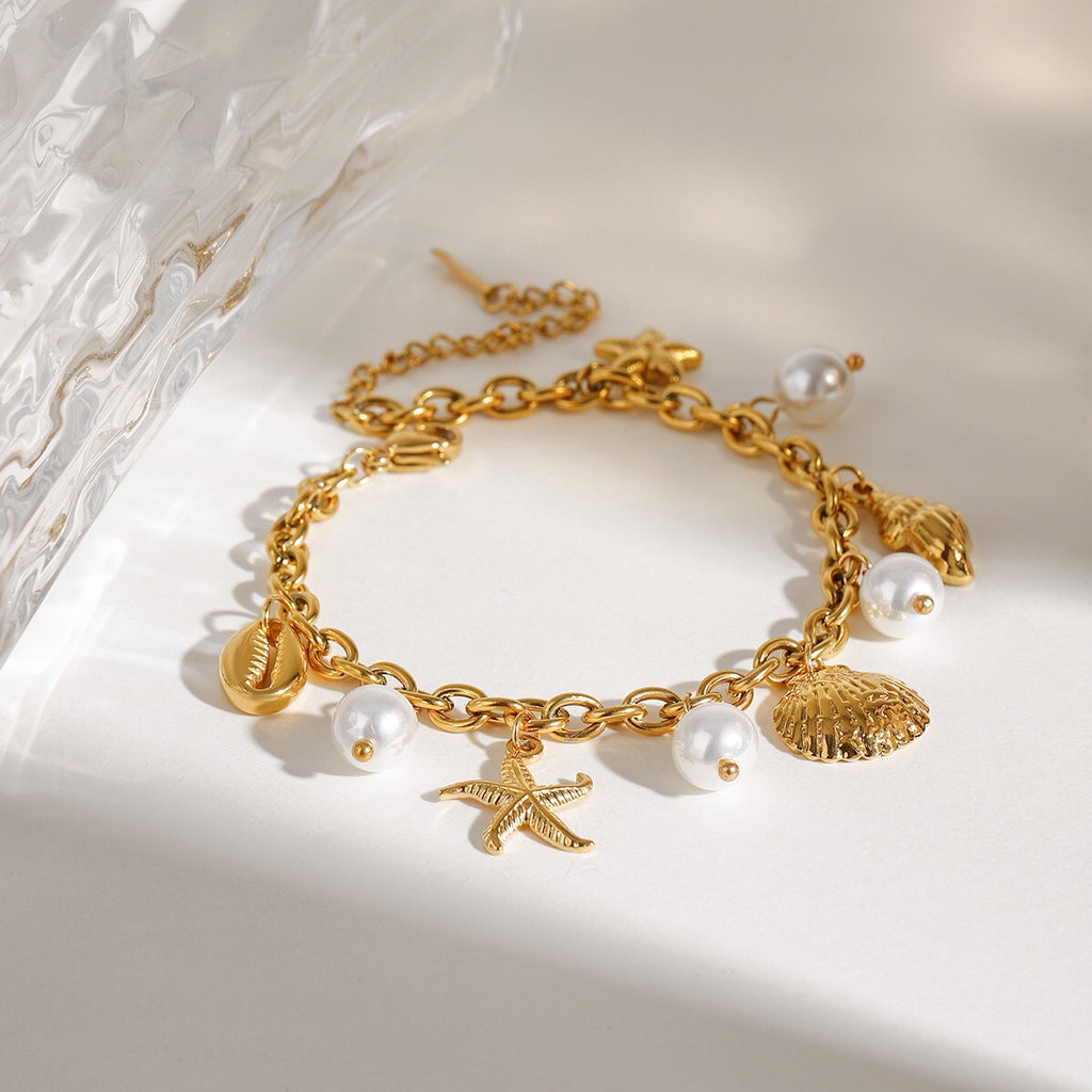 18K Gold Ocean Tale Shell Starfish Pearl Bracelet