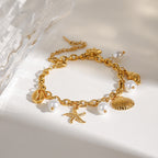 18K Gold Ocean Tale Shell Starfish Pearl Bracelet