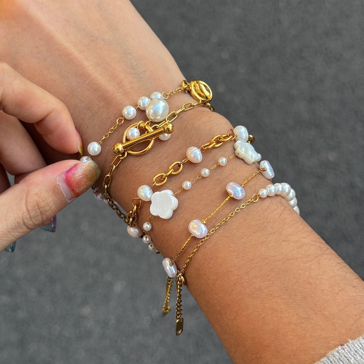 18K Gold Floating Pearls Chain Bracelet Stack