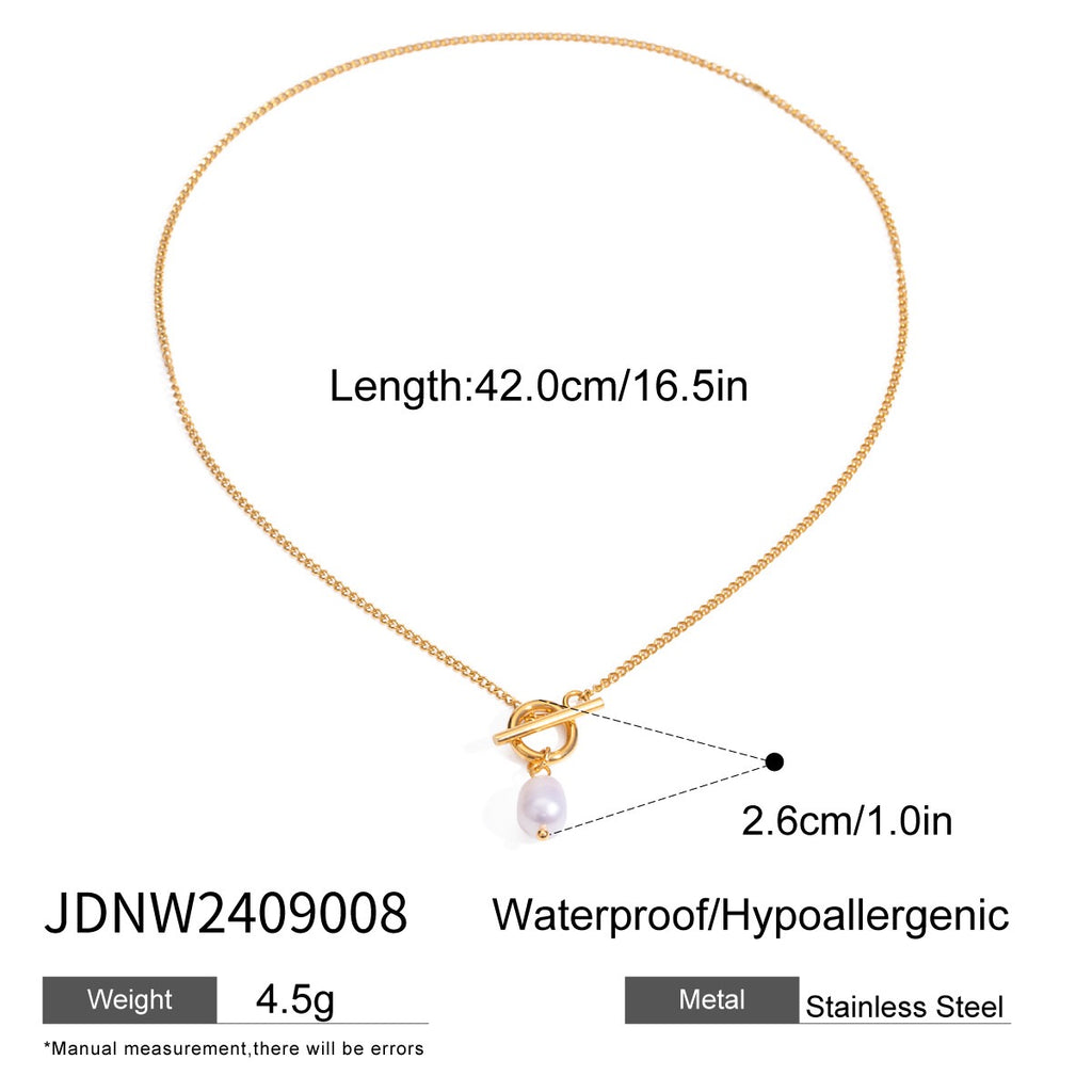 18K Gold Simple Pearl Pendant Toggle Chain Necklace
