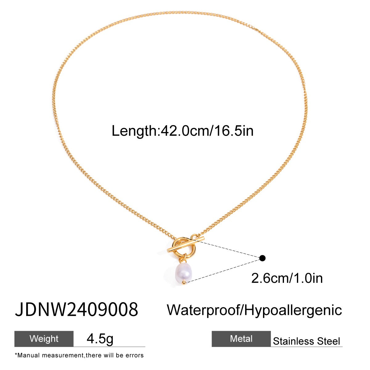 18K Gold Simple Pearl Pendant Toggle Chain Necklace