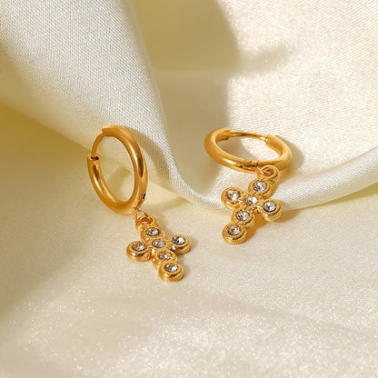 18K Gold Cross Small Hoop Huggie Earrings