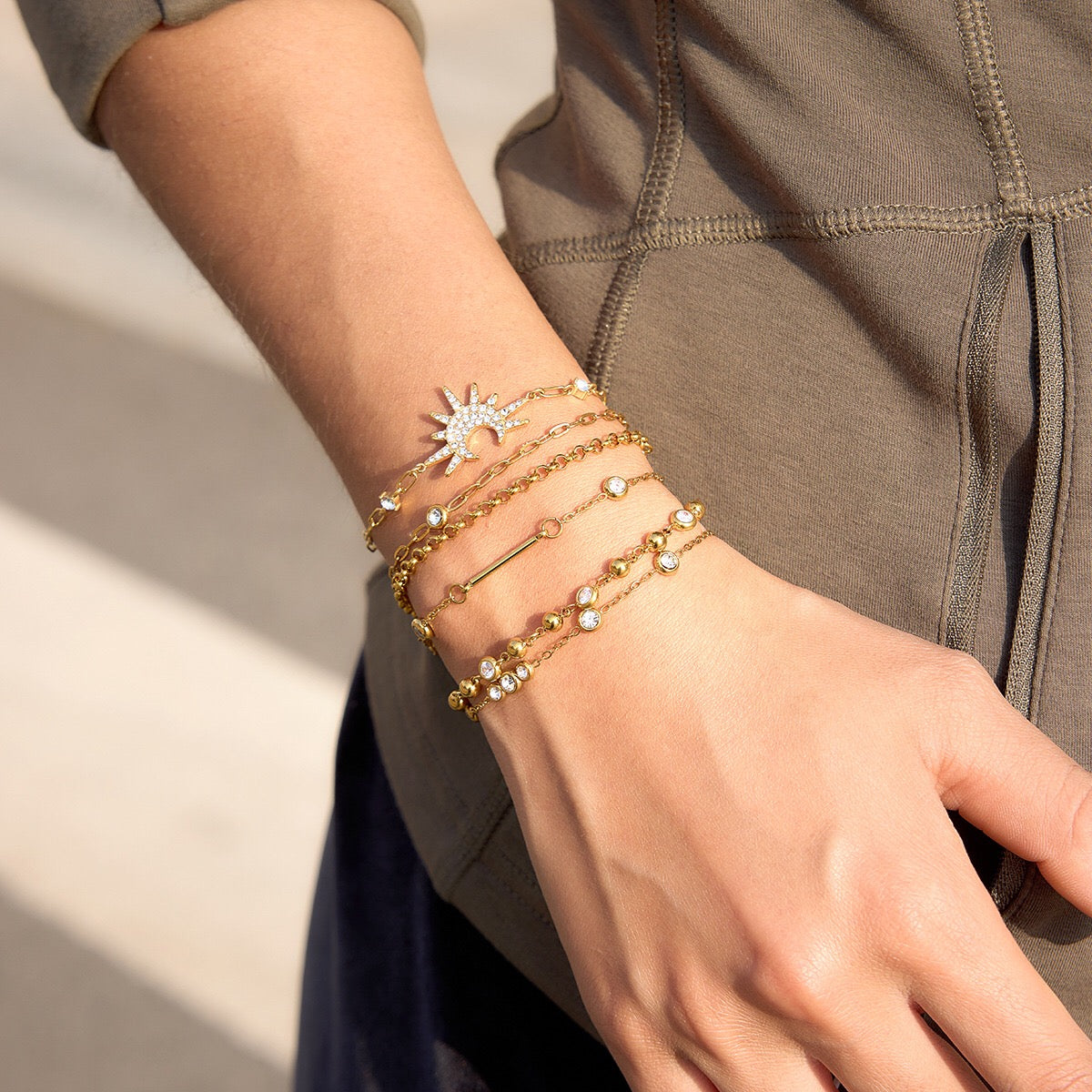 18K Gold Starry Light Dainty Bezel Beaded Chain Bracelet