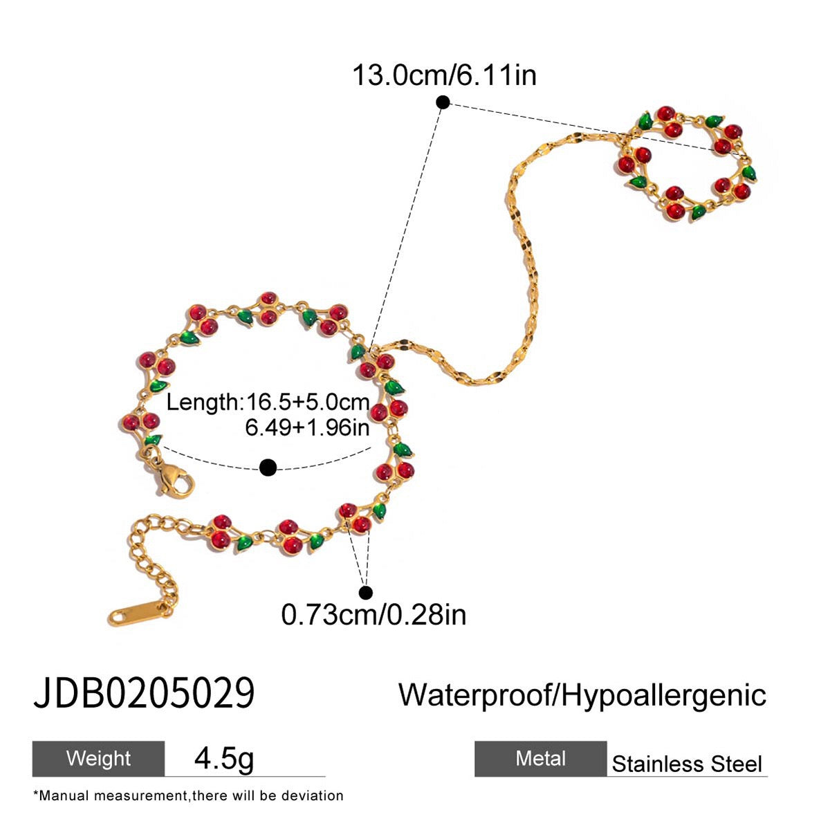 18K Gold Waterproof Red Cherry Trendy Hand Jewelry Chain Bracelet