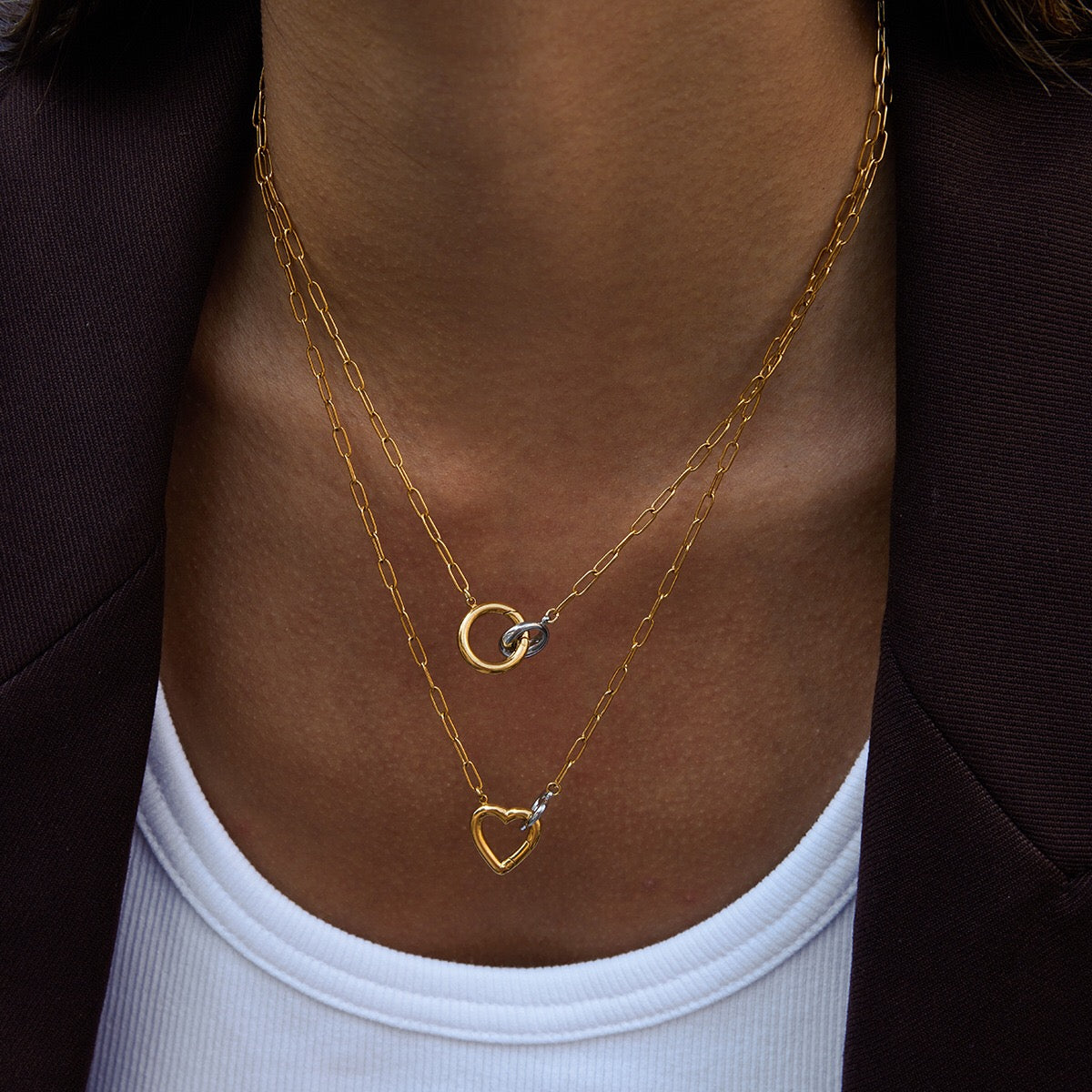 18K Gold and Silver Two Tone Linked Heart Charm Necklace