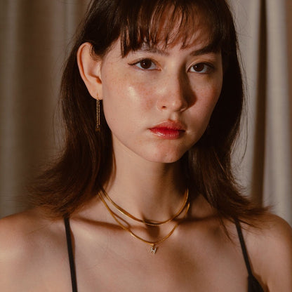 18K Gold Minimalist Glam Herringbone Chain Initial Dainty Necklace