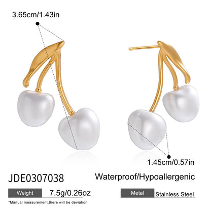 18K Gold Pearl Cherry Statement Dangle Stud Earrings