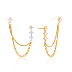 18K Gold Cascade Chain Drop Dangle CZ Stud Earrings Double Piercings