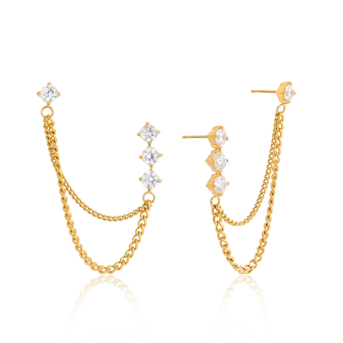 18K Gold Cascade Chain Drop Dangle CZ Stud Earrings Double Piercings