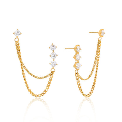 18K Gold Cascade Chain Drop Dangle CZ Stud Earrings Double Piercings
