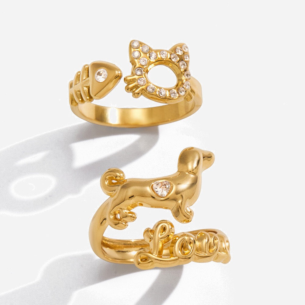 18K Gold Paws and Purrs Pave Cat and Dog Cuff Ring