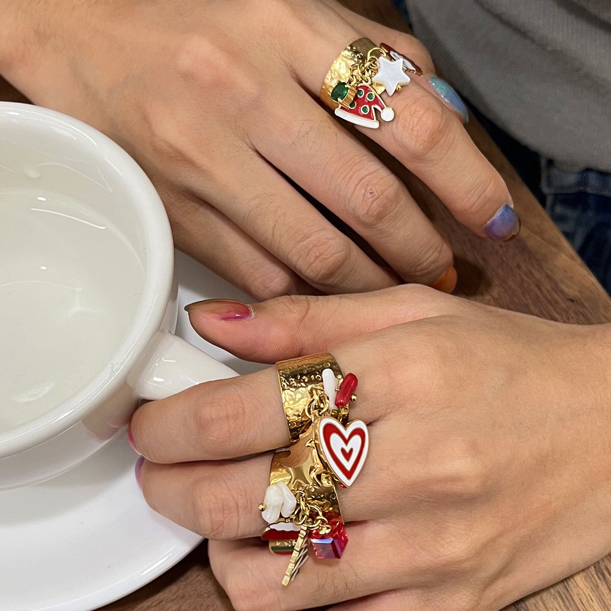 18K Gold Holiday Gleam Christmas Charm Statement Band Ring