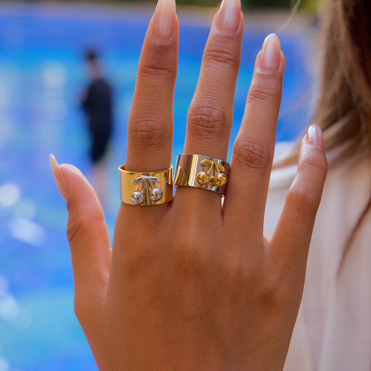 18K Gold and Silver Two Tone Sweet Glow Cherry Heart Band Ring