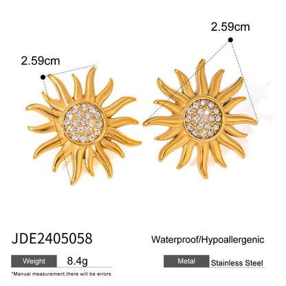18K Gold Bling Sunflower CZ Statement Stud Earrings