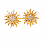 18K Gold Pavé Sun Flower Statement Pendant Necklace & Stud Earrings Set