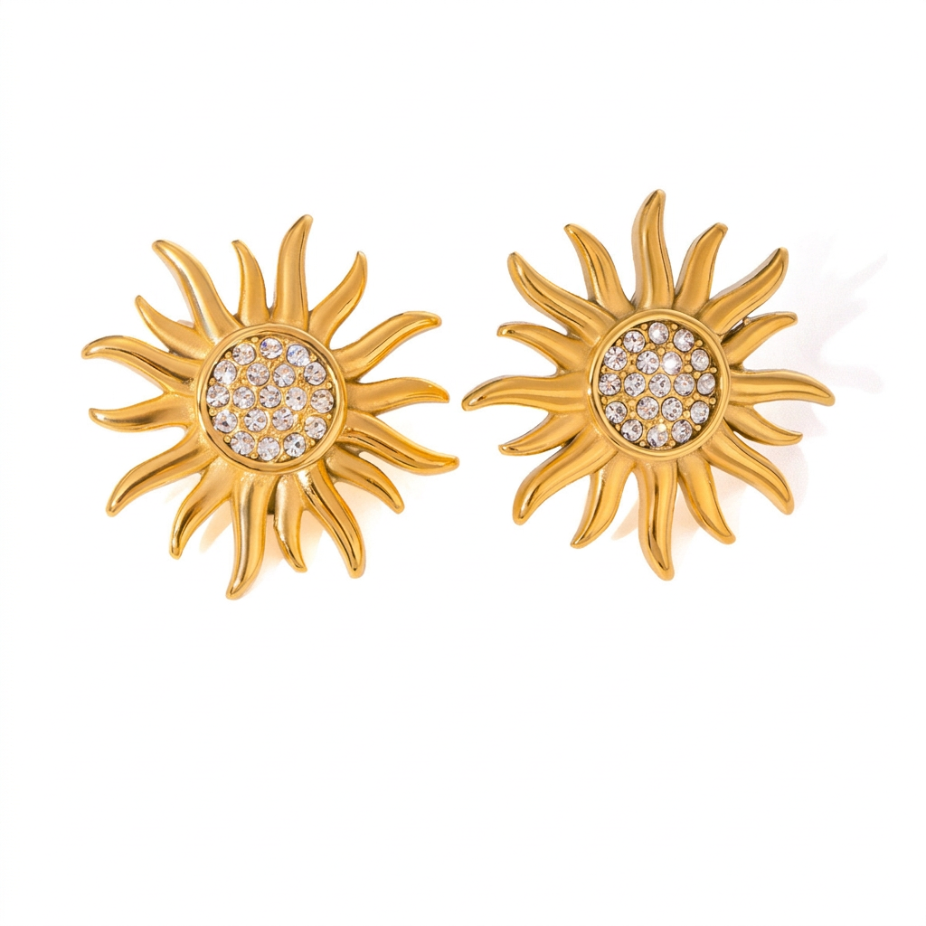 18K Gold Pavé Sun Flower Statement Pendant Necklace & Stud Earrings Set