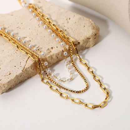 18K Gold Paperclip Box Chain Pearl Layered Necklace