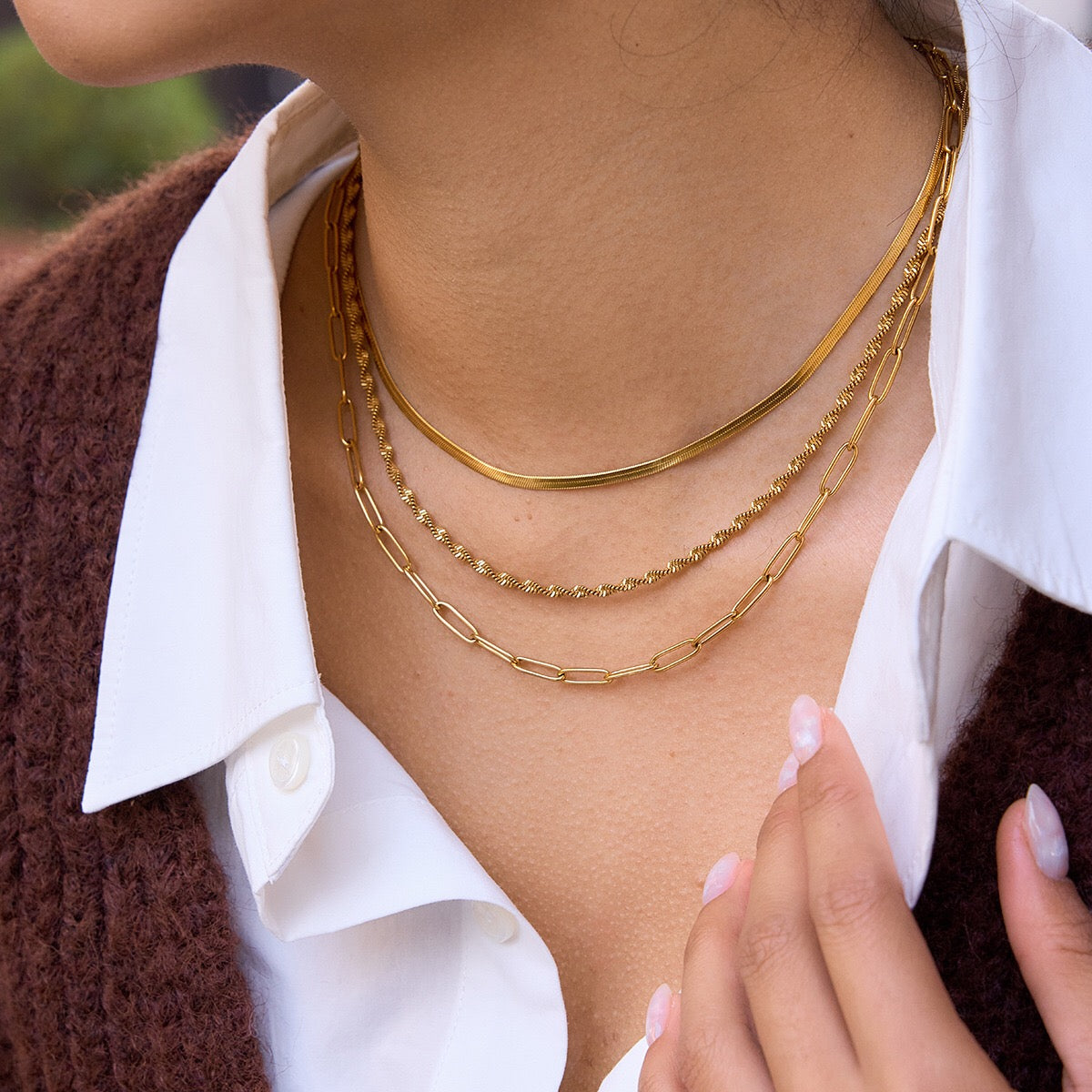 18K Gold Quiet Luxe Paper Clip Herringbone Snake Chain Layered Necklace Set