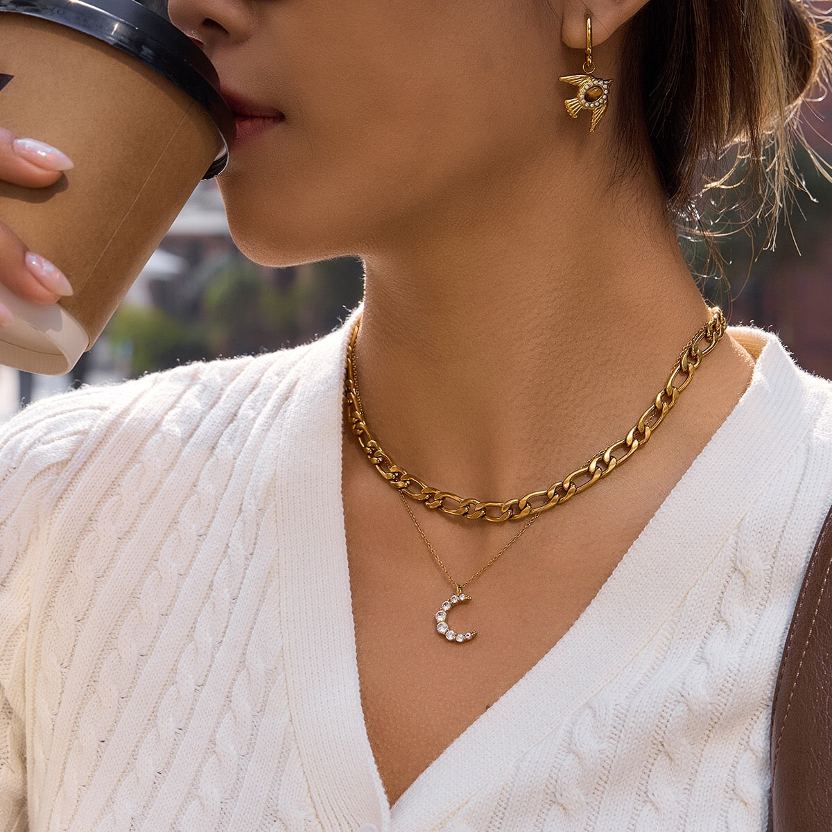 18K Gold Luna Pave Moon Dainty Pendant Necklace