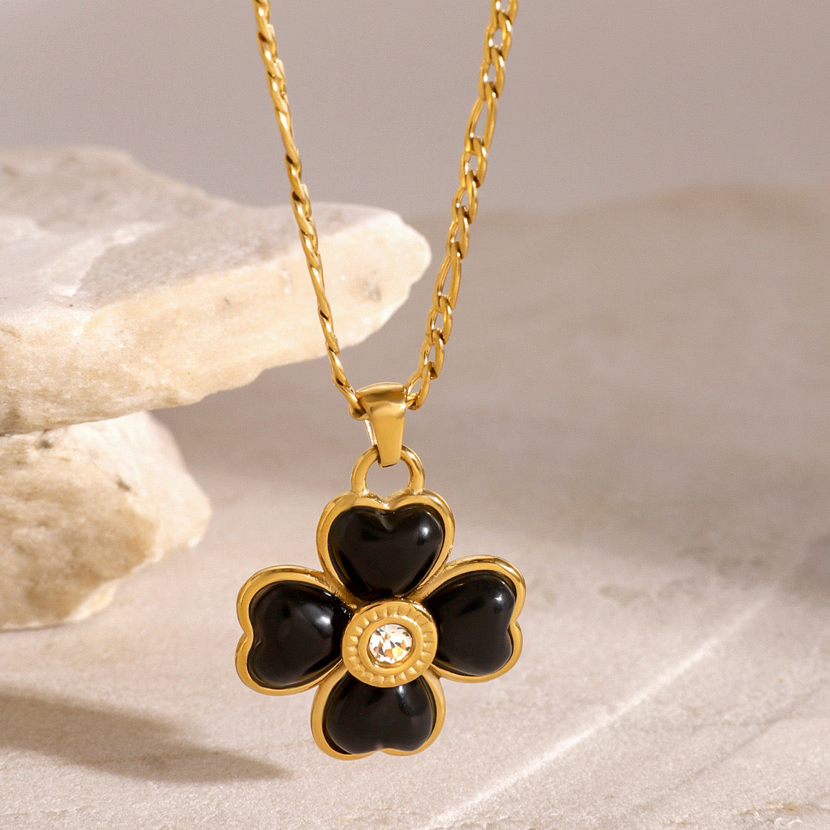 18K Gold Black Heart Clover CZ Pendant Figaro Chain Statement Necklace