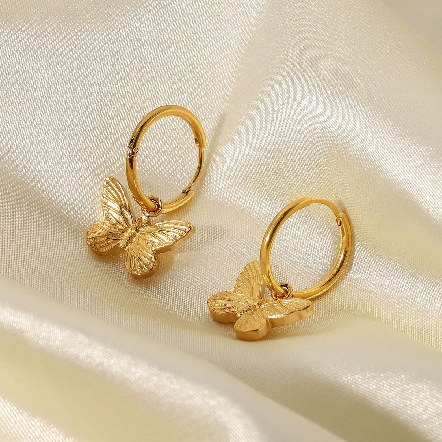 18K Gold Butterfly Small Hoop Huggie Earrings with Charm