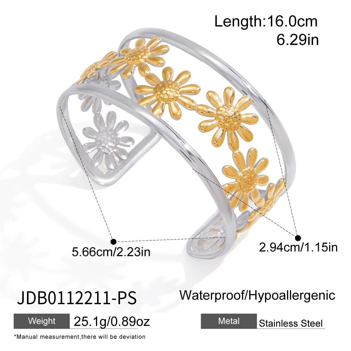 18K Gold and Silver Two Tone Wild Bloom Flower Statement Bangle Cuff Bracelet