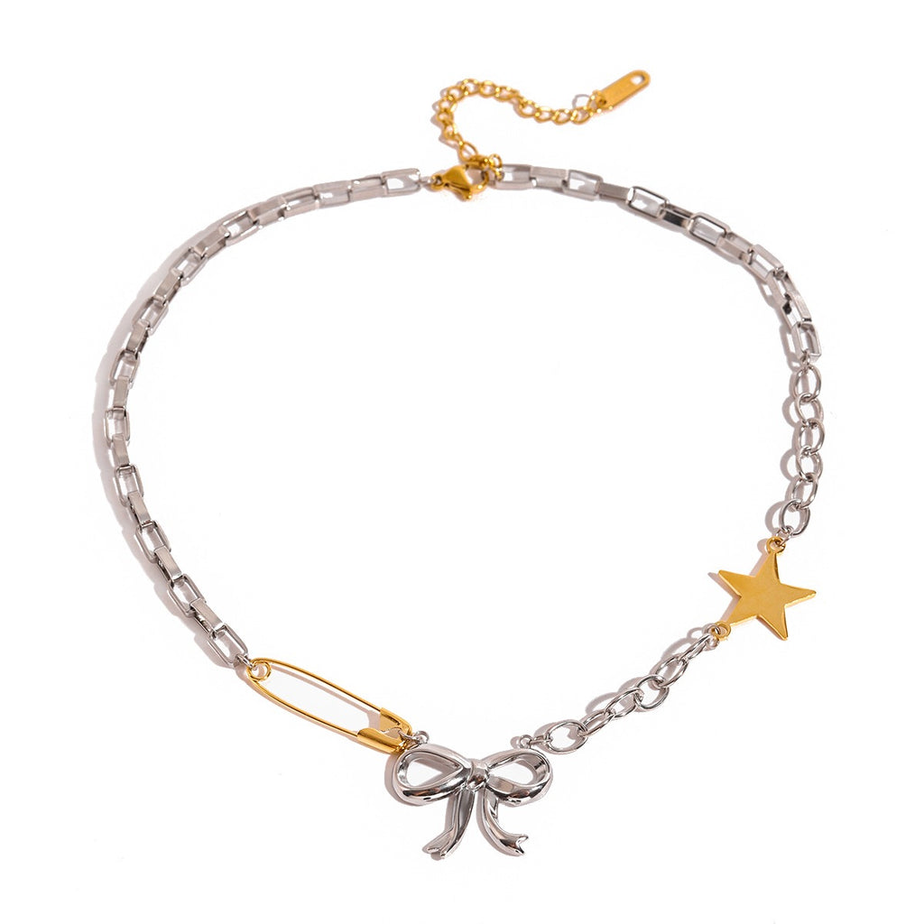18K Gold and Silver Starry Bow Pendant Pearl Safety Pin Chain Necklace