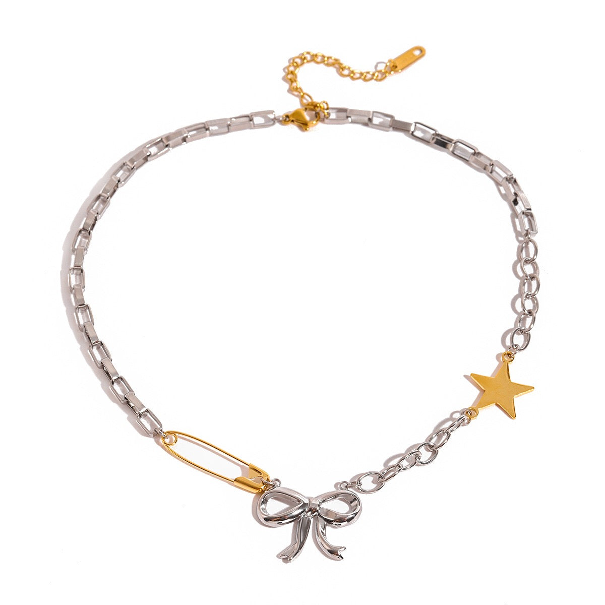 18K Gold and Silver Starry Bow Pendant Pearl Safety Pin Chain Layered Necklace Set