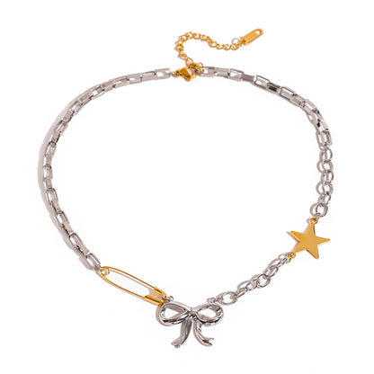 18K Gold and Silver Starry Bow Pendant Pearl Safety Pin Chain Layered Necklace Set