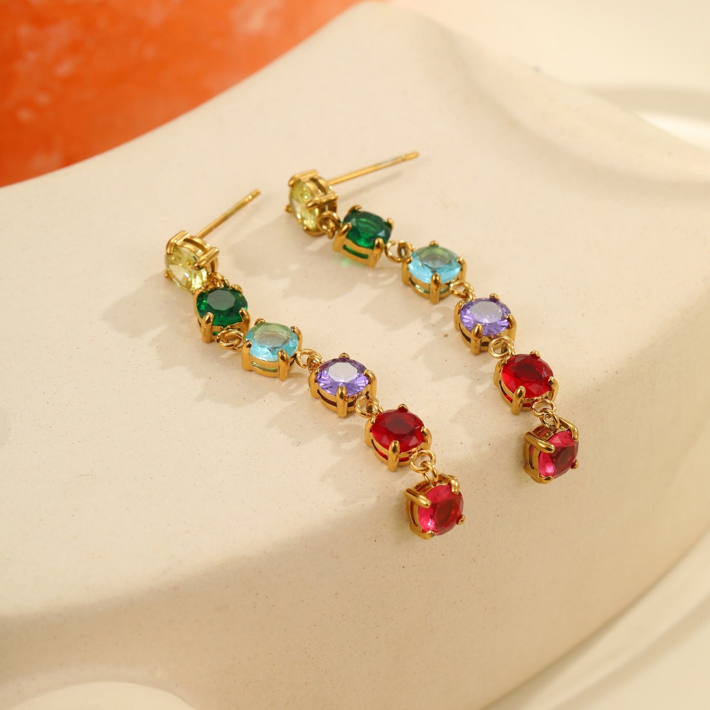 18K Gold Rainbow Tennis Chain Drop Dangle Stud Earrings
