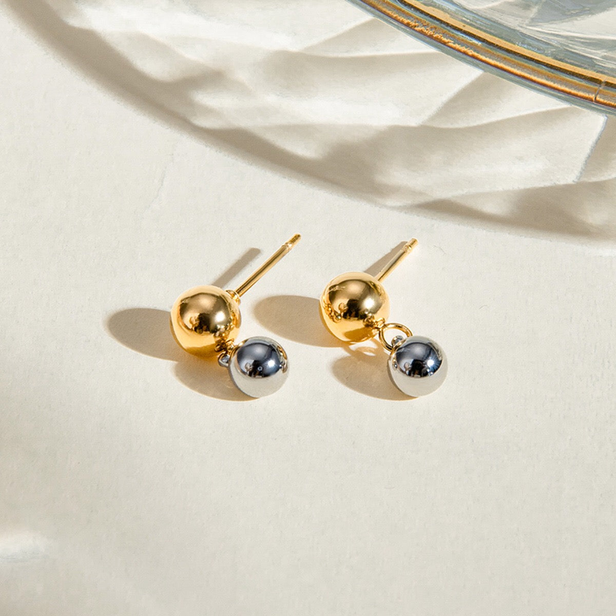 18K Gold Two Tone Mini Dangle Stud Earrings