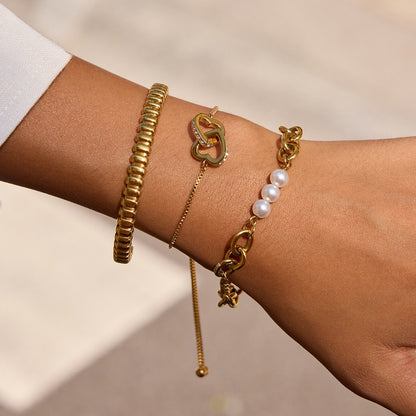 18K Gold Golden Haze Pearl Chain Cuff Bangle Bracelet Stack