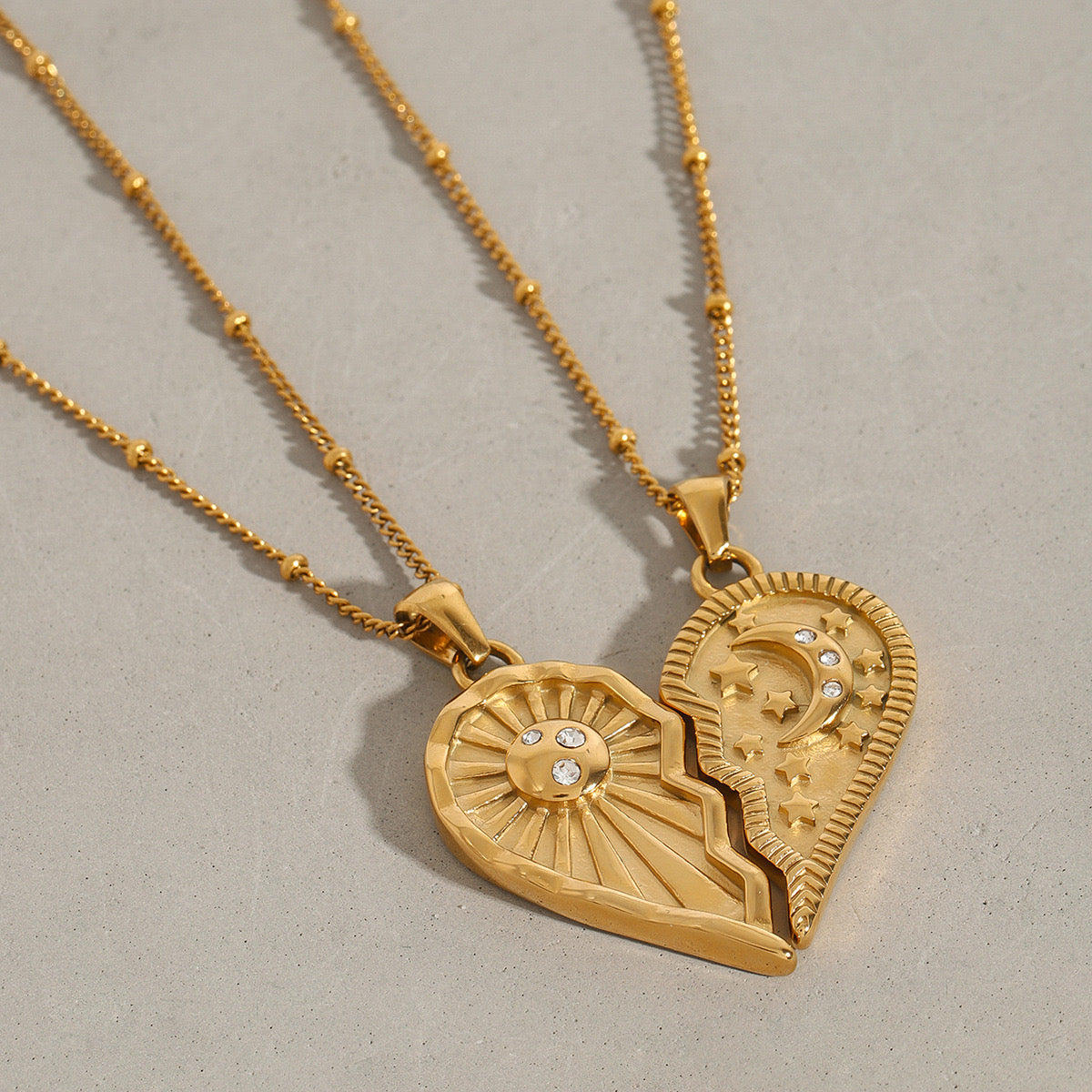 18K Gold Moon And Sun Heart Couple Necklace