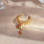 18K Gold Sea Shell Pearl Charm Band Ring
