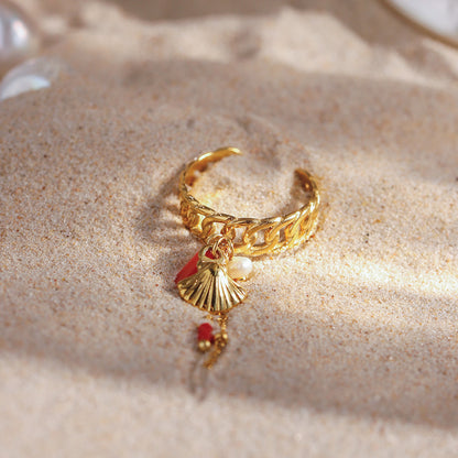 18K Gold Sea Shell Pearl Charm Band Ring