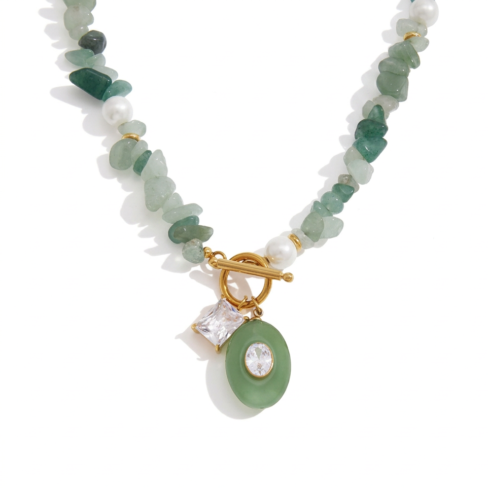 18K Gold Island Charm Natural Stone Beaded Necklace