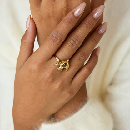 18K Gold Free Spirit Tiger Eye Bird Ring