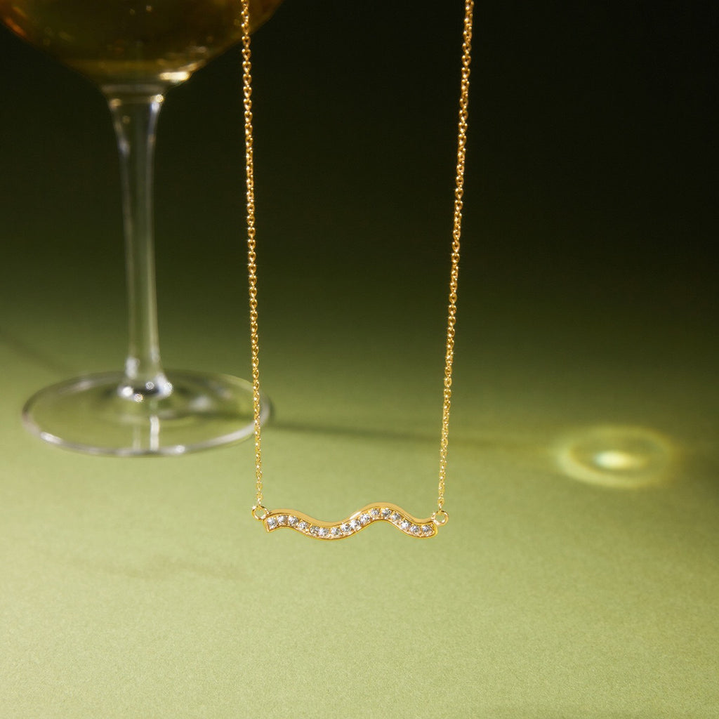 18K Gold Ocean Sway Pave Wave Dainty Pendant Necklace