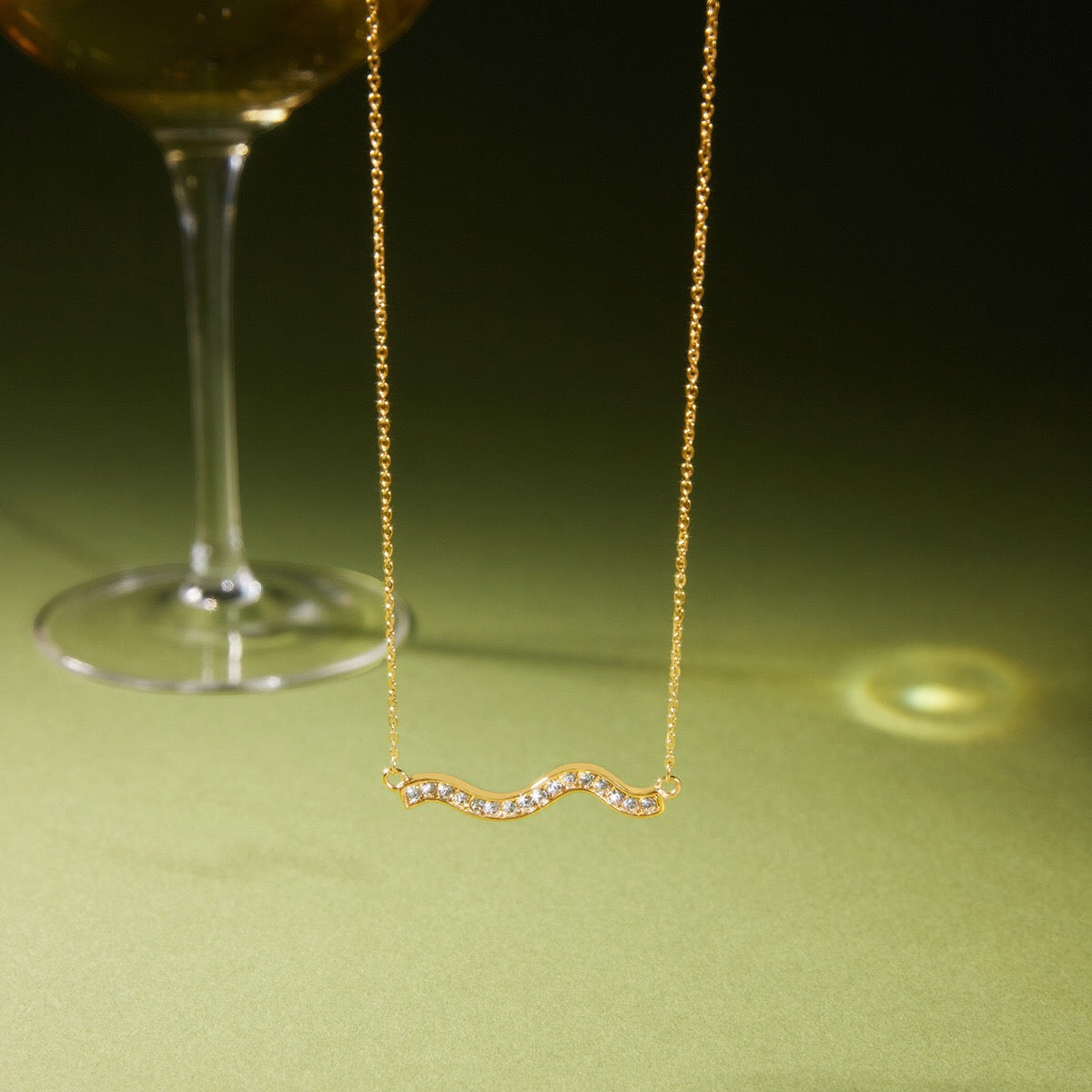 18K Gold Ocean Sway Pave Wave Dainty Pendant Necklace