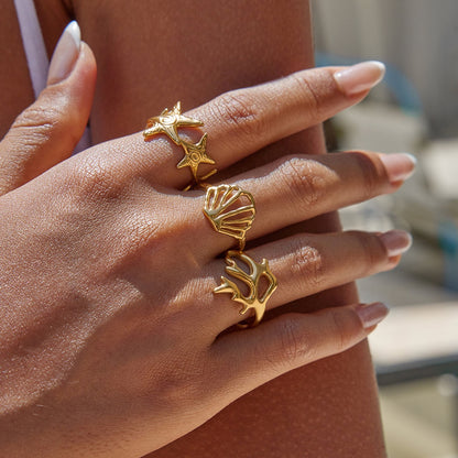 18K Gold Coastal Life Seashel Coral Starfish Ring Sets