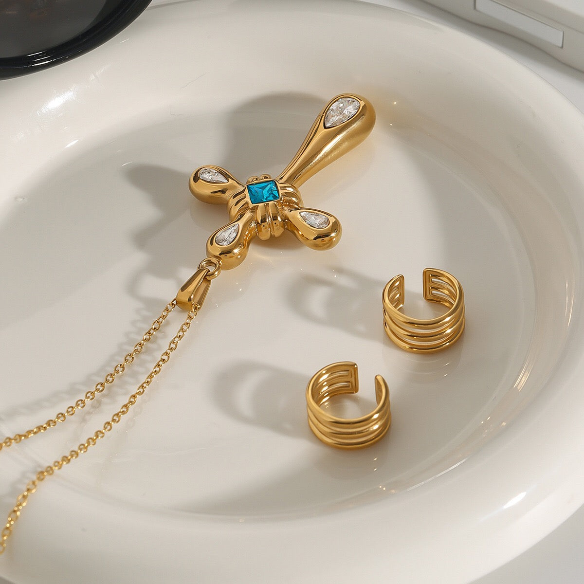 18K Gold Blue Halo Cross Pendant Statement Long Necklace