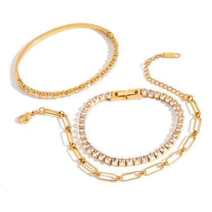 18K Gold Extra Bling Paperclip Chain Bangle Tennis Bracelet Stack