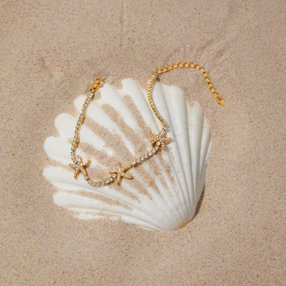 18K Gold Starfall by the Sea Pave Starfish Dainty Tennis Chain Bracelet