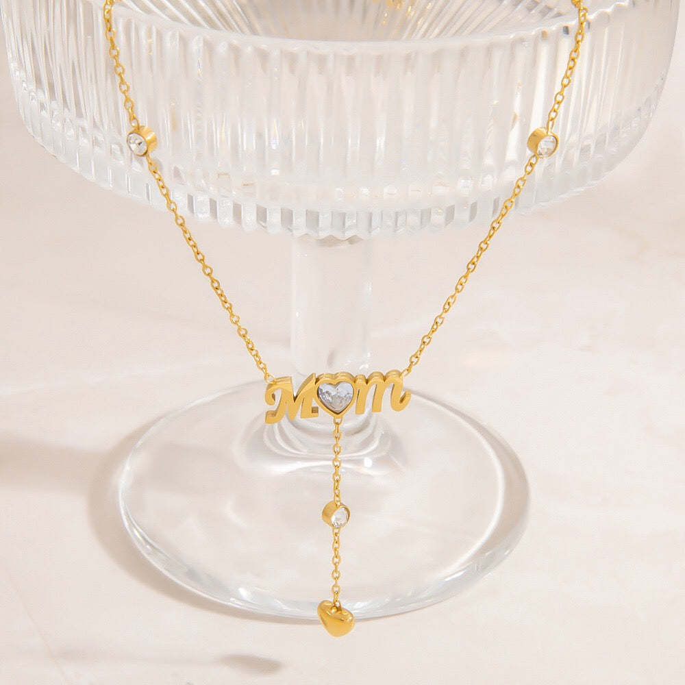 18K Gold Bling Mom CZ Lariat Necklace